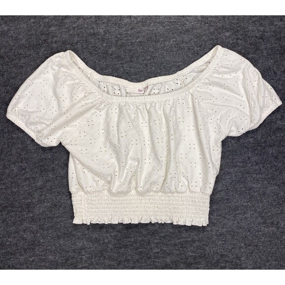 SO Tops - So Brand Women’s Crop Top Size L White Ruffle Elastic Short Sleeve Stretch Boho